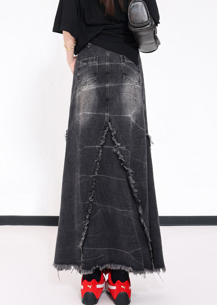 Chic Black Tassel Pockets Patchwork Slim Fit Denim Skirts Fall