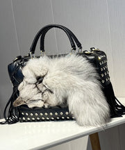 Chic Black Tassel Rivet Fox Fur Toe Calf Leather Tote Handbag