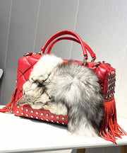 Chic Black Tassel Rivet Fox Fur Toe Calf Leather Tote Handbag