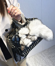 Chic Black Tassel Rivet Fox Fur Toe Calf Leather Tote Handbag