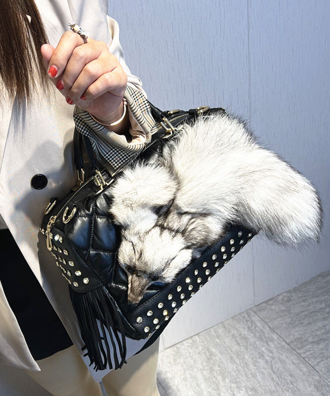 Chic Black Tassel Rivet Fox Fur Toe Calf Leather Tote Handbag