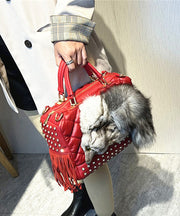 Chic Black Tassel Rivet Fox Fur Toe Calf Leather Tote Handbag