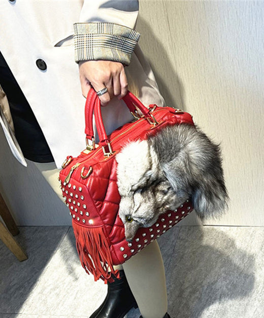 Chic Black Tassel Rivet Fox Fur Toe Calf Leather Tote Handbag