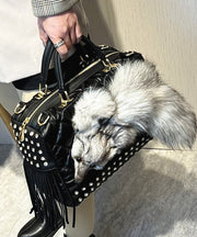 Chic Black Tassel Rivet Fox Fur Toe Calf Leather Tote Handbag