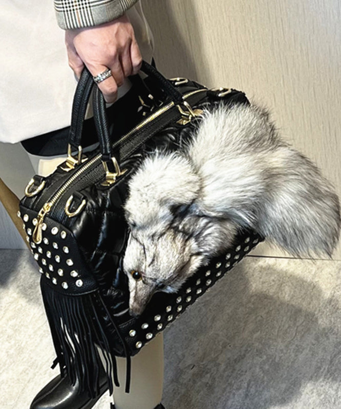 Chic Black Tassel Rivet Fox Fur Toe Calf Leather Tote Handbag