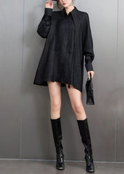 Chic Black Tasseled Oversized Cotton Blouses Fall