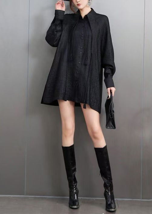 Chic Black Tasseled Oversized Cotton Blouses Fall