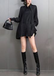 Chic Black Tasseled Oversized Cotton Blouses Fall