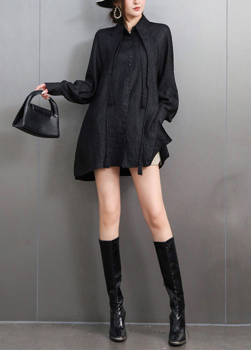 Chic Black Tasseled Oversized Cotton Blouses Fall