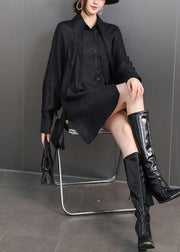Chic Black Tasseled Oversized Cotton Blouses Fall