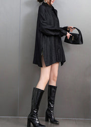Chic Black Tasseled Oversized Cotton Blouses Fall