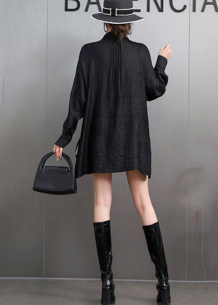 Chic Black Tasseled Oversized Cotton Blouses Fall