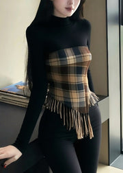 Chic Black Tasseled Plaid Patchwork Knitting Cotton Tops Fall