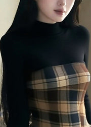 Chic Black Tasseled Plaid Patchwork Knitting Cotton Tops Fall