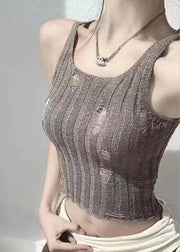 Chic Black U Neck Hole Hollow Out Knit Tanks Sleeveless