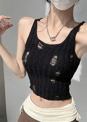 Chic Black U Neck Hole Hollow Out Knit Tanks Sleeveless