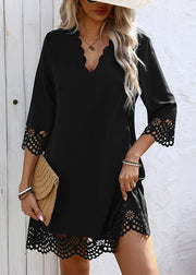 Chic Black V Neck A Line Mid Dresses Half Sleeve