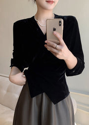 Chic Black V Neck Tie Waist Silk Velvet Shirt Spring