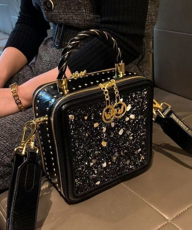 Chic Black Versatile Calf Leather Zircon Mini Bag