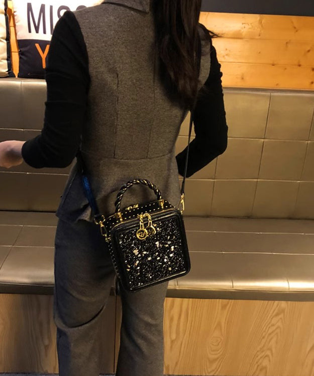 Chic Black Versatile Calf Leather Zircon Mini Bag