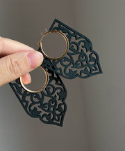 Chic Black Wooden Hollow Out Hoop Earrings