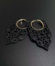 Chic Black Wooden Hollow Out Hoop Earrings