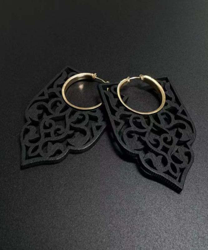 Chic Black Wooden Hollow Out Hoop Earrings