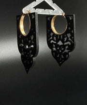 Chic Black Wooden Hollow Out Hoop Earrings
