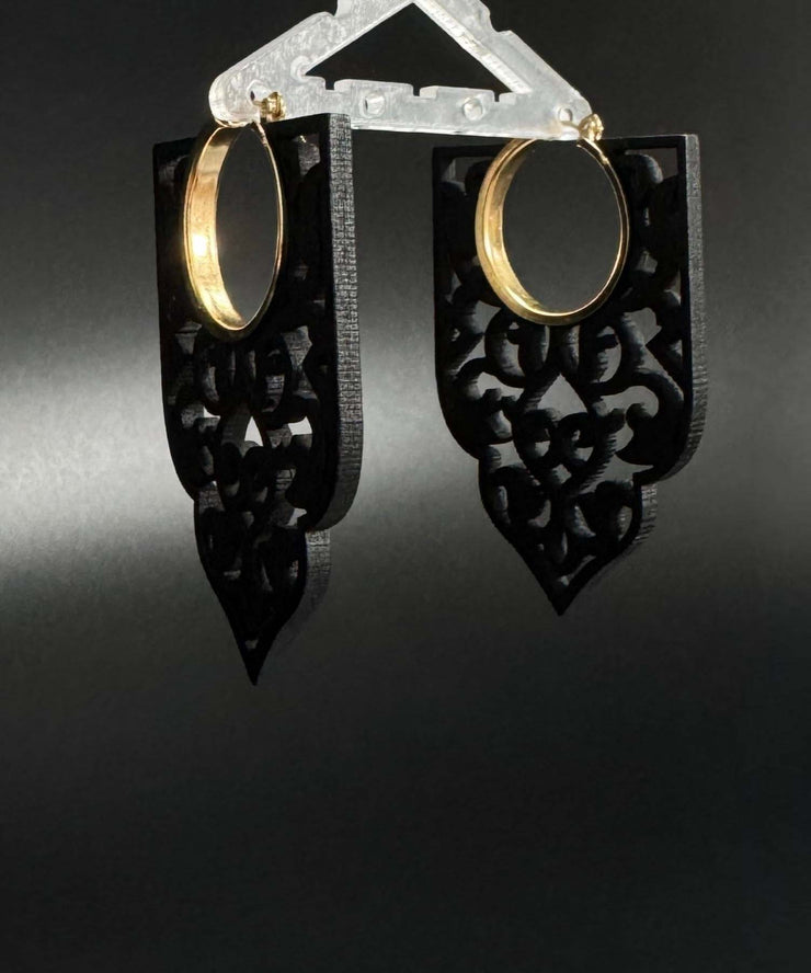 Chic Black Wooden Hollow Out Hoop Earrings