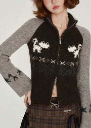 Chic Black Zip Up Patchwork Knit Cardigan Winter
