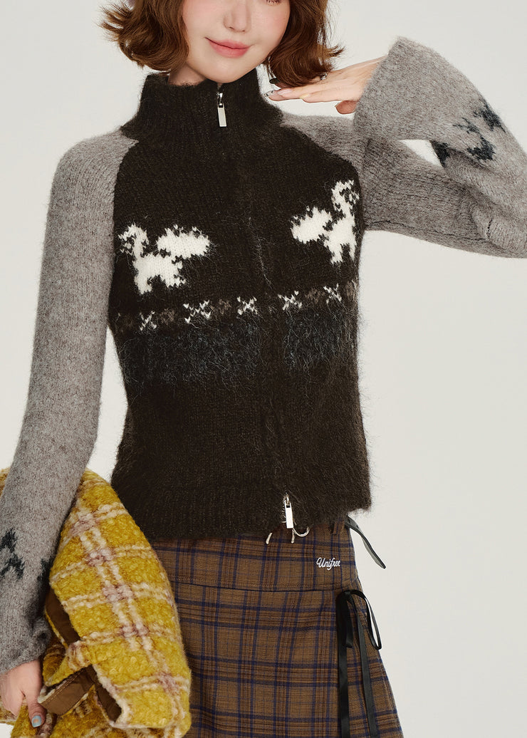 Chic Black Zip Up Patchwork Knit Cardigan Winter