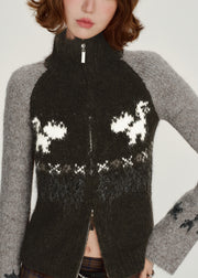 Chic Black Zip Up Patchwork Knit Cardigan Winter