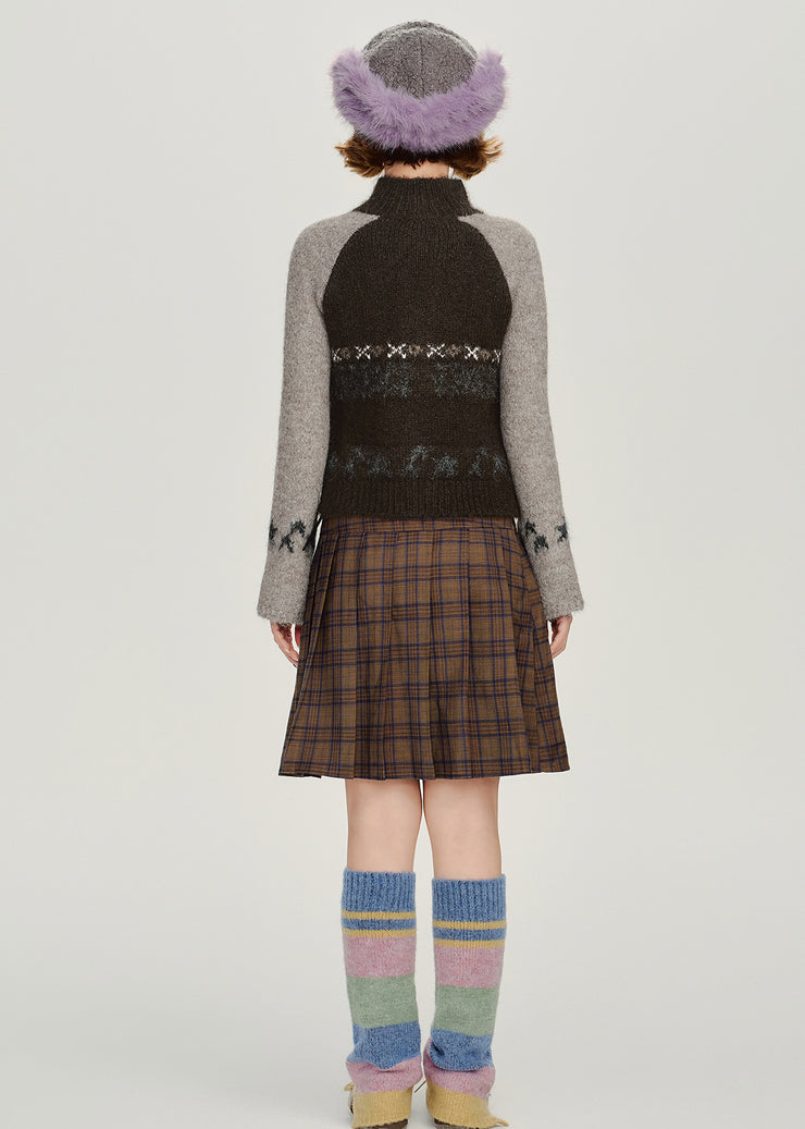 Chic Black Zip Up Patchwork Knit Cardigan Winter