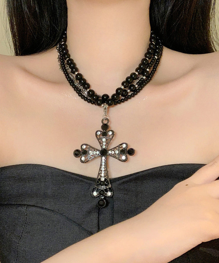 Chic Black Zircon Cross Multilayer Beads Gratuated Bead Necklace