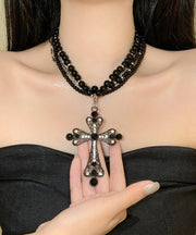 Chic Black Zircon Cross Multilayer Beads Gratuated Bead Necklace