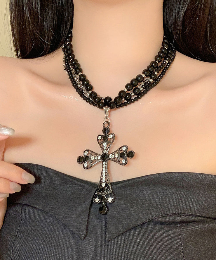 Chic Black Zircon Cross Multilayer Beads Gratuated Bead Necklace