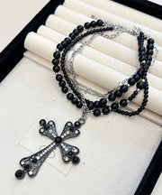 Chic Black Zircon Cross Multilayer Beads Gratuated Bead Necklace