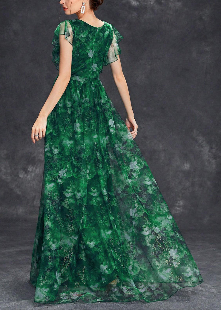Chic Blackish Green Ruffled Patchwork Tunic Tulle Maxi Dress Summer