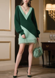 Chic Blackish Green V Neck Patchwork Faux Fur Sweater Dress Winter