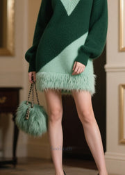 Chic Blackish Green V Neck Patchwork Faux Fur Sweater Dress Winter