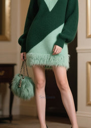 Chic Blackish Green V Neck Patchwork Faux Fur Sweater Dress Winter