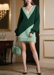 Chic Blackish Green V Neck Patchwork Faux Fur Sweater Dress Winter
