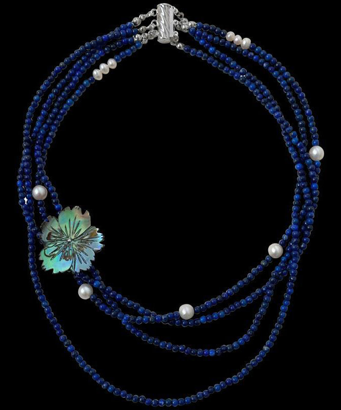 Chic Blue Alloy Pearl Beading Floral Layered Gratuated Bead Necklace