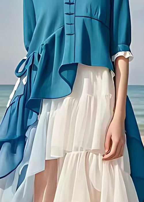 Chic Blue Asymmetrical Patchwork Chiffon Dress Half Sleeve