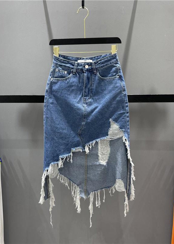 Chic Blue Asymmetrical Pockets Tassel Hole Denim Skirts