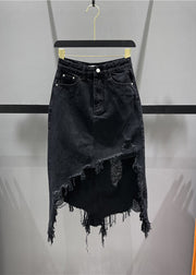 Chic Blue Asymmetrical Pockets Tassel Hole Denim Skirts