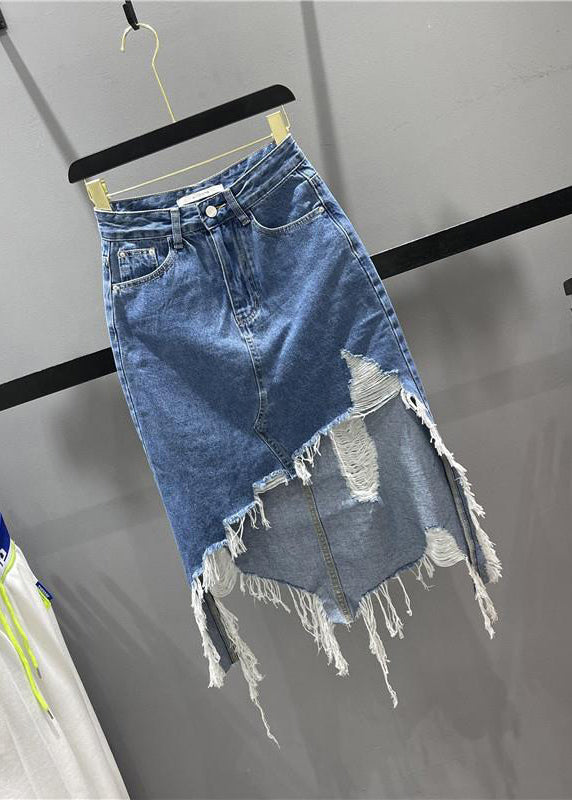 Chic Blue Asymmetrical Pockets Tassel Hole Denim Skirts