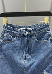 Chic Blue Asymmetrical Pockets Tassel Hole Denim Skirts