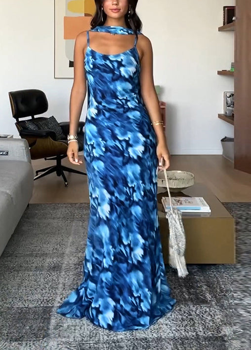 Chic Blue Backless Print Tulle Spaghetti Strap Dress Summer
