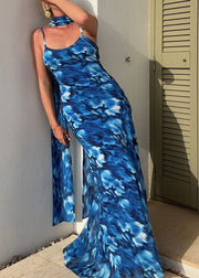 Chic Blue Backless Print Tulle Spaghetti Strap Dress Summer